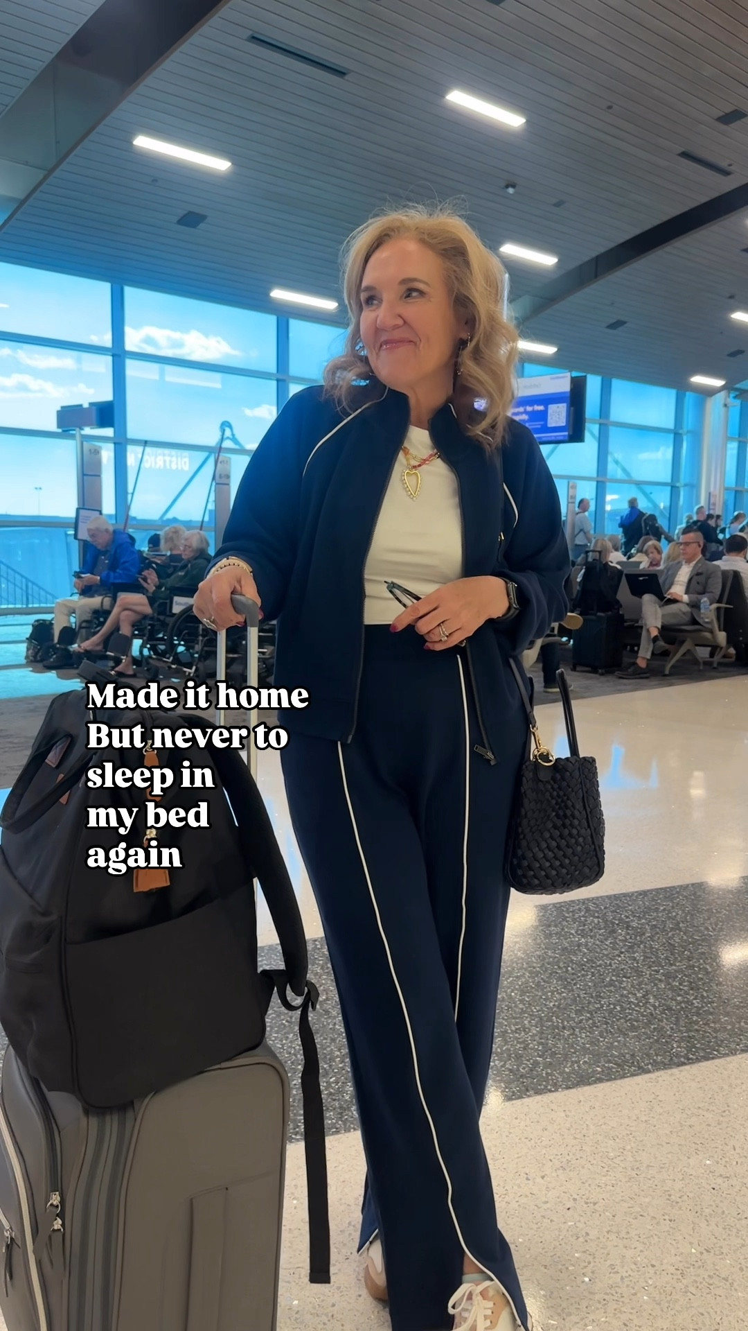 Came home from our trip. But got rid of our mattress before we left. Sleeping in the guest room during renovations. Sure could’ve used my bed! 

But my travel outfit to Texas was so good. Wore the jacket several times when I was there too. 
Jacket size medium 
Pants size medium petite 
20% off code good once NANETTEXSPANX 
if you’ve already used it, let me know I’ll get another one for you! 

Spanx air essentials new arrivals pique 

#LTKOver40 #LTKWatchNow #LTKTravel