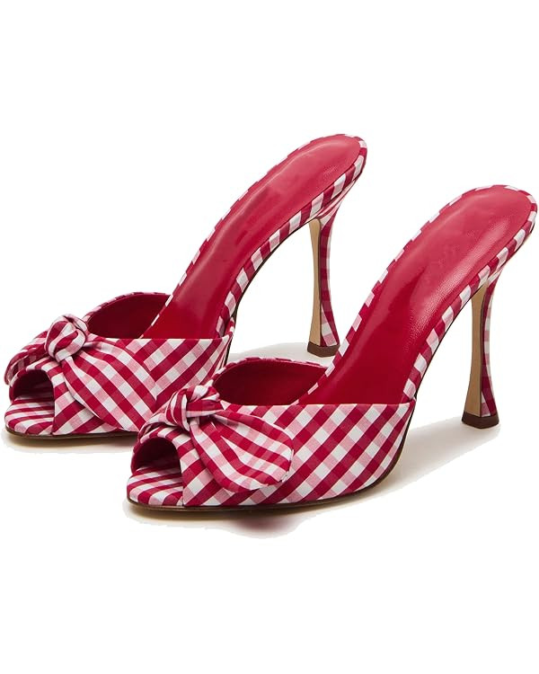 Mule Heels for Women Fashionable Open Toe Slip-On with Plaid Design and Elegant Bow Dressy Party ... | Amazon (US)
