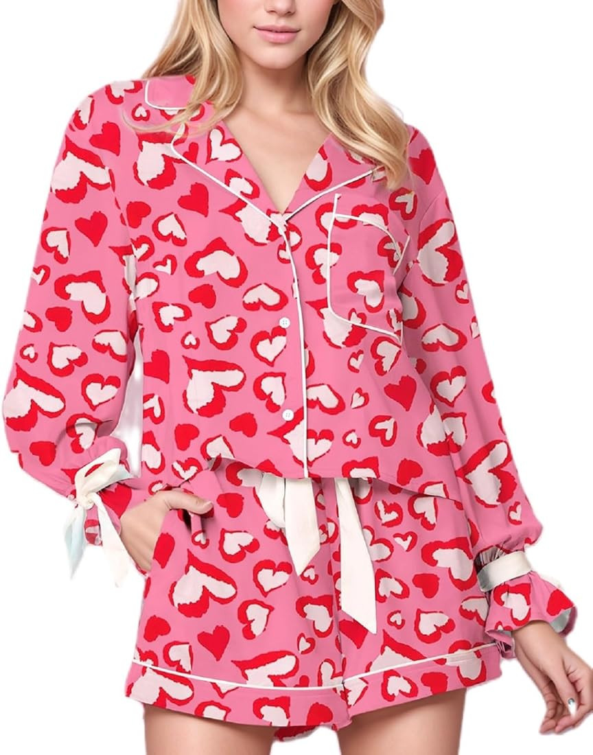Argeousgor Valentine's Day Pajamas for Women Bow Tie Long Sleeve Shirt Ruffe Shorts Satin Heart 2... | Amazon (US)