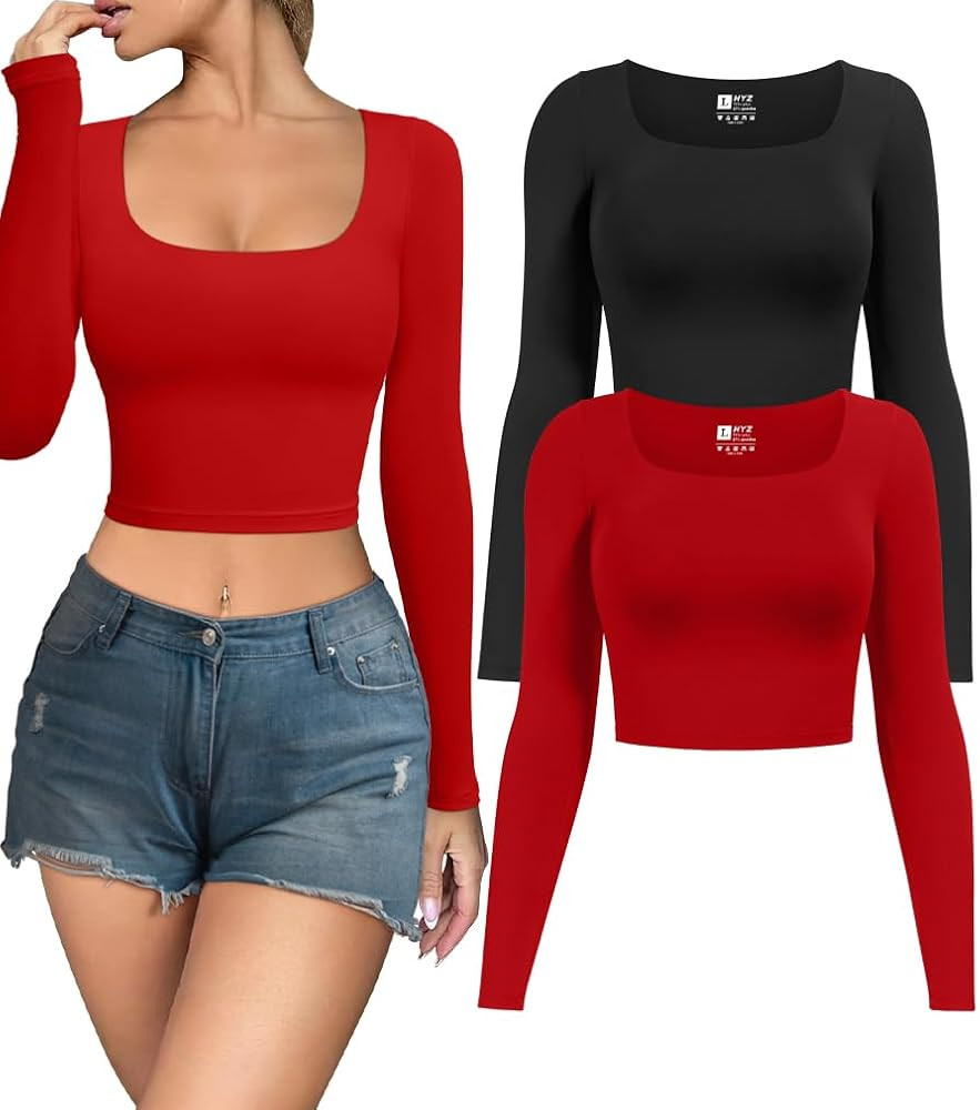 HYZ Women's 2 Piece Tshirt Long Sleeve High Stretchy Comfy Going Out Workout Gym Fitted Crop Tops | Amazon (US)