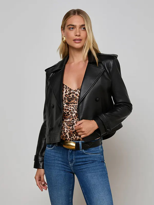 Xoey Cropped Leather Trench Coat in Black | L'AGENCE | L'Agence