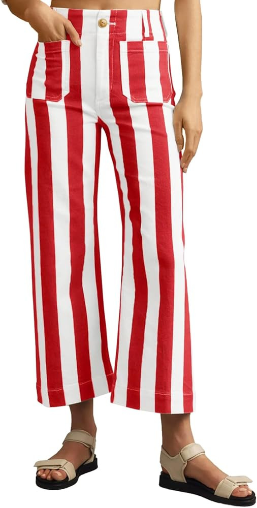 Womens Striped Jeans Wide Leg Trousers Casual High Waisted Stretchy Straight Leg Denim Pants with... | Amazon (US)