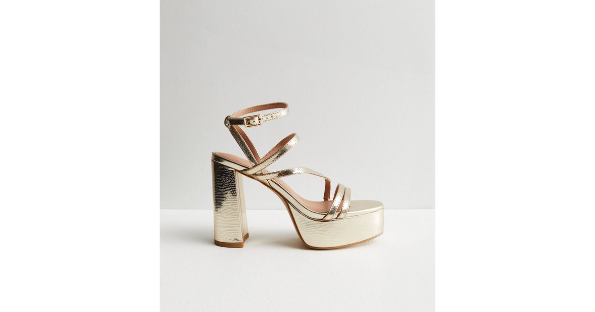 Gold Faux Croc Strappy Platform Block Heel Sandals | New Look | New Look (UK)