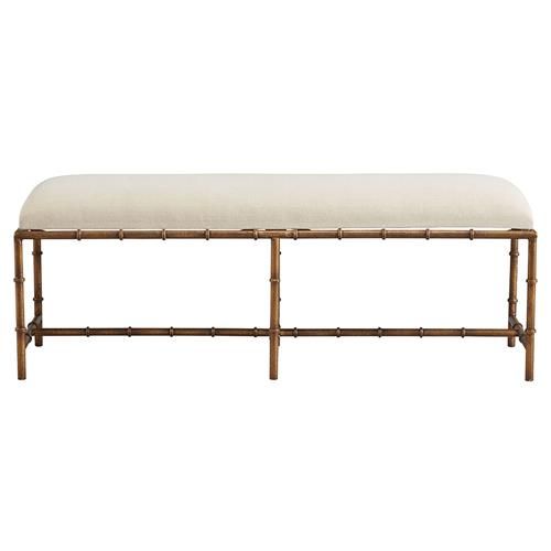 Hani Rustic Lodge Gold Iron Frame White Performance Linen Seat Bench | Kathy Kuo Home