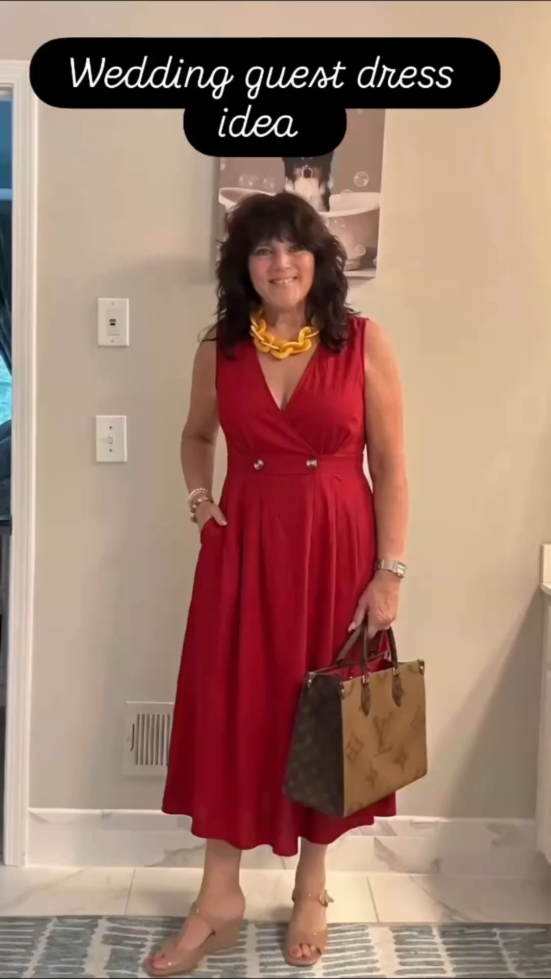 Red is always such a classy choice for a wedding guest ❤️ This wrap dress feels pretty, simple, and flattering, with gold jewelry and wedges to finish the look. Always be confident ✨#weddingguestdress #weddinggueststyle #styleover50 #over50fashion #midlifestyle

#LTKWedding #LTKgrwm #LTKMidsize