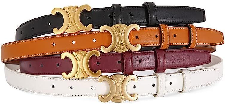 Womens 2.5cm Thin Leather Belt With Gold Buckle Fashion Designer Belts For Jeans Pants Dresses | Amazon (US)