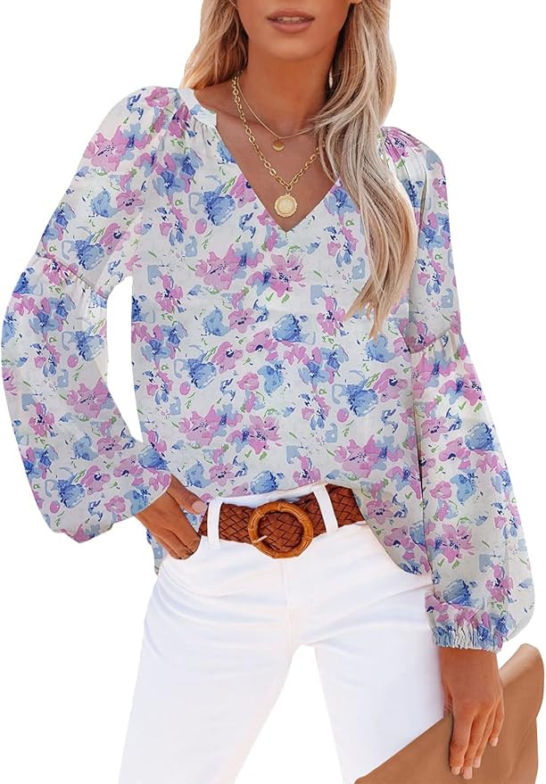 Utyful Womens Long Sleeve Blouse Boho Tops for Women Casual Floral Dressy Blouses V Neck Shirts | Amazon (US)