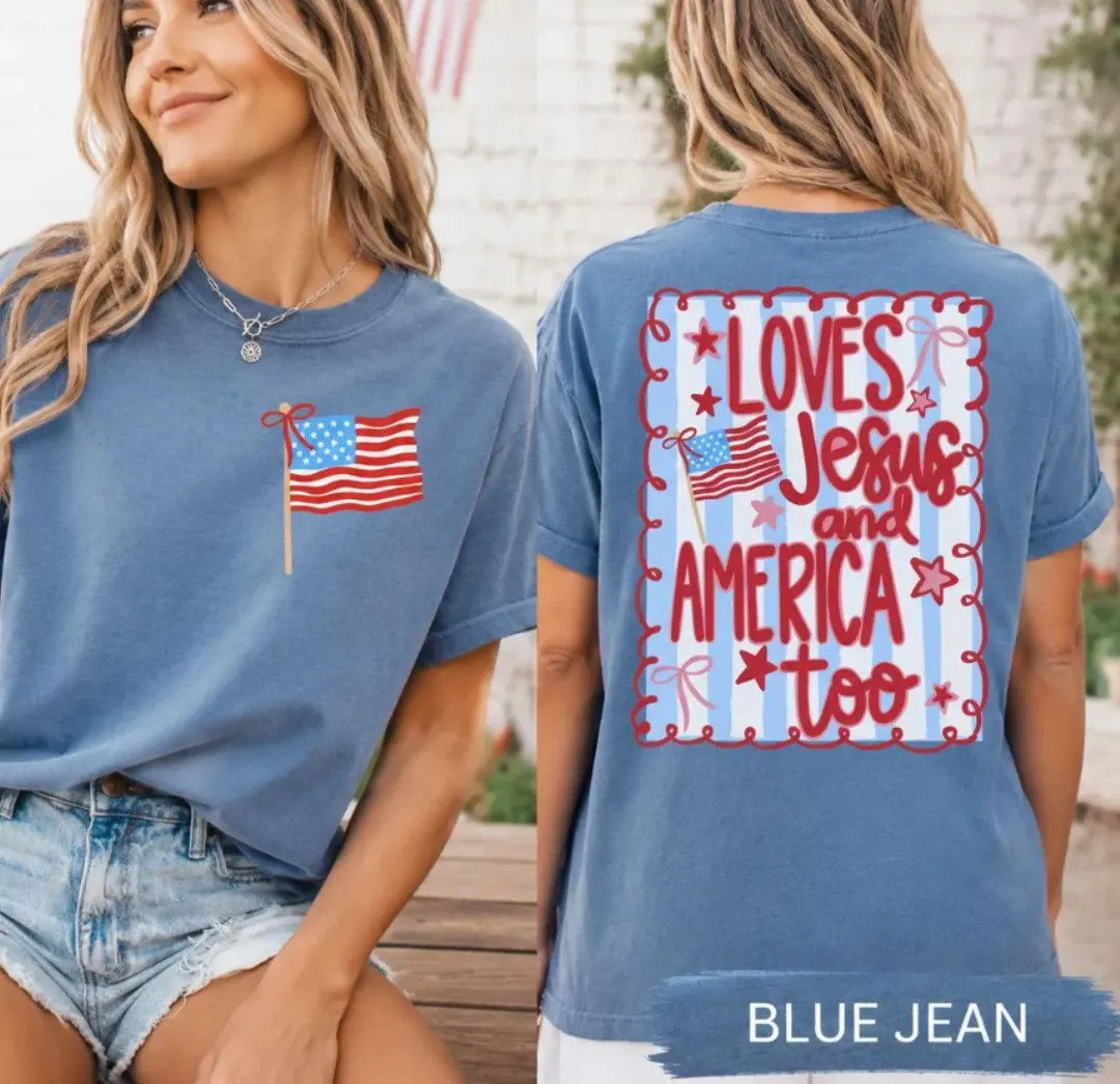 Comfort Colors\u00ae Loves Jesus and America Too Shirt Sweatshirt, 4th of July Patriotic Coquette... | Etsy (Global)