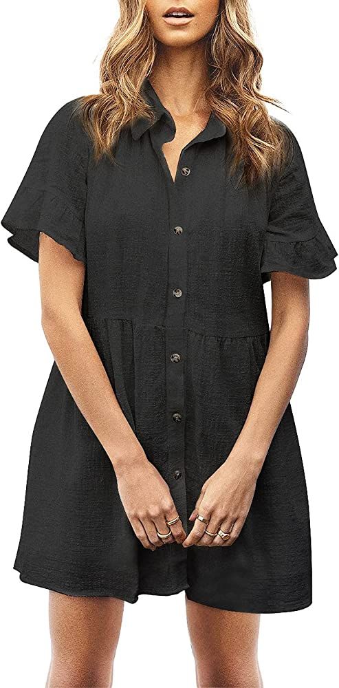 ROYLAMP Women's Cute Tunic Dress Bell Sleeve Split Hem Button up Flowy Casual Collared Mini Dress... | Amazon (US)