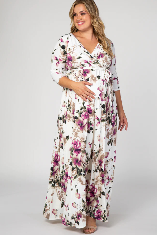 PinkBlush White Floral Plus Maternity/Nursing Wrap Maxi Dress | PinkBlush Maternity