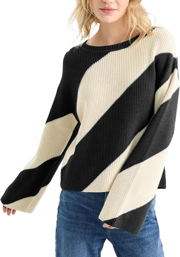 Tanming Womens Wide Striped Sweater Oversized Color Block Crew Neck Loose Sleeves Fall Knit Pullo... | Amazon (US)