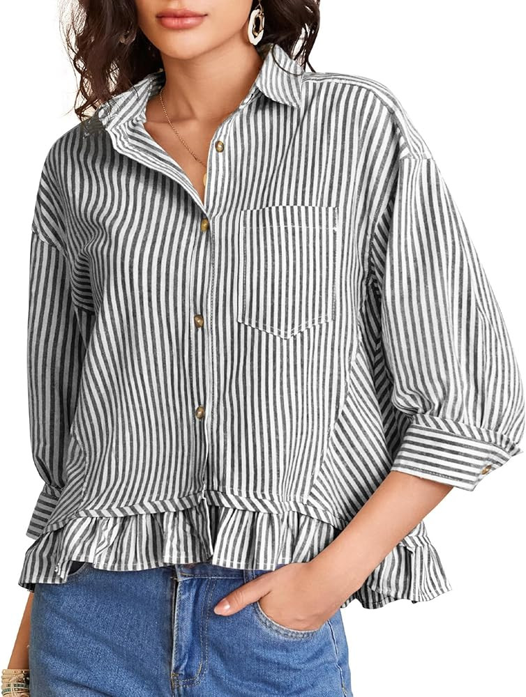 COZYPOIN Womens Striped Button Down Cotton Shirts Cropped Ruffle Hem 3/4 Sleeve Casual Collared B... | Amazon (US)