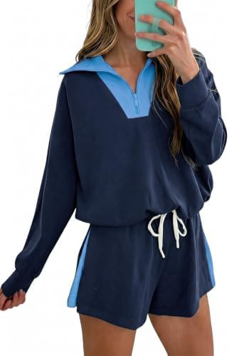Fisoew Womens 2 Piece Outfits Quarter Zip Sweatshirt Shorts Sets Sweatsuits | Collared, Oversized... | Amazon (US)