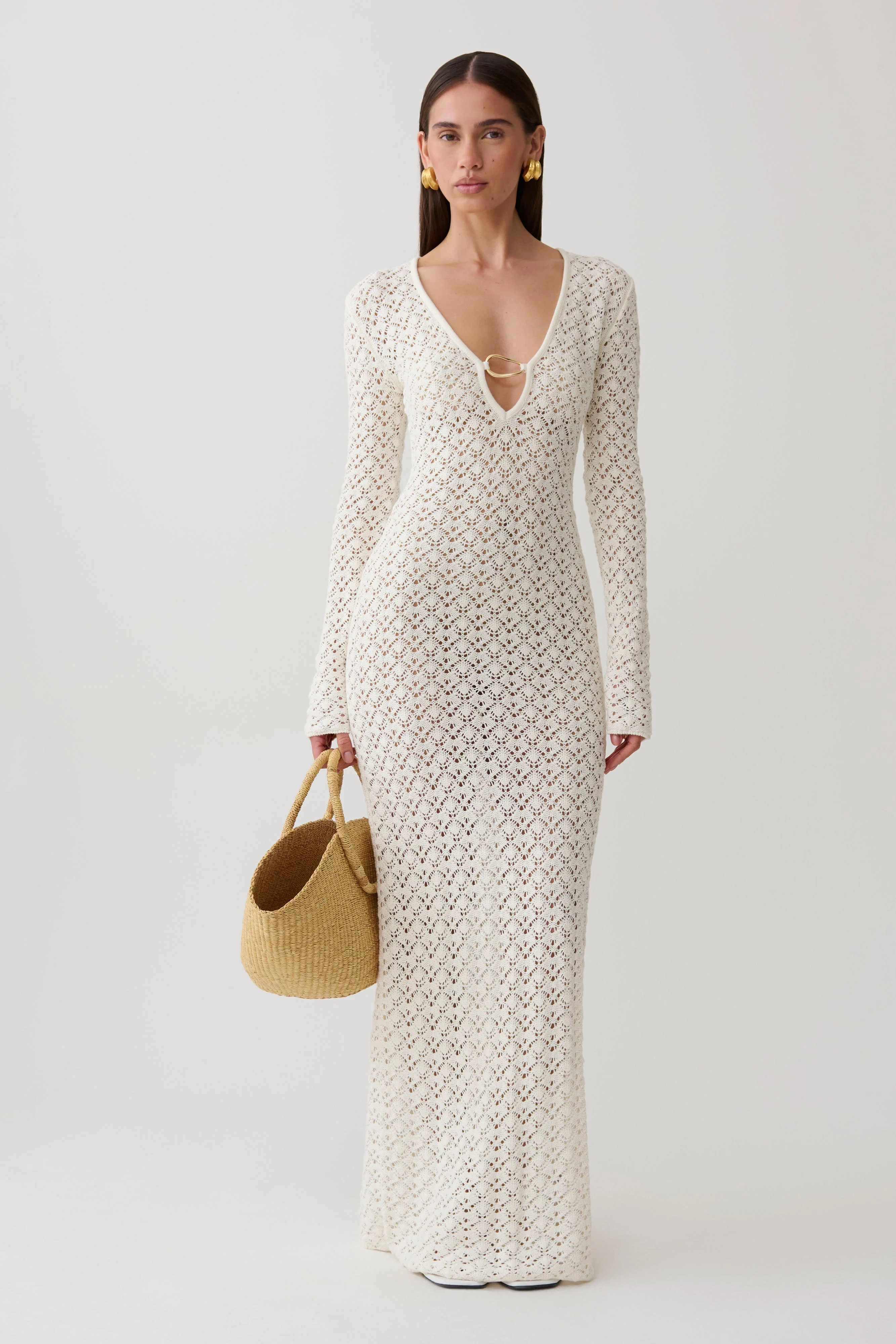 Jamaya Crochet Knit Maxi Dress - Ivory | Meshki UK