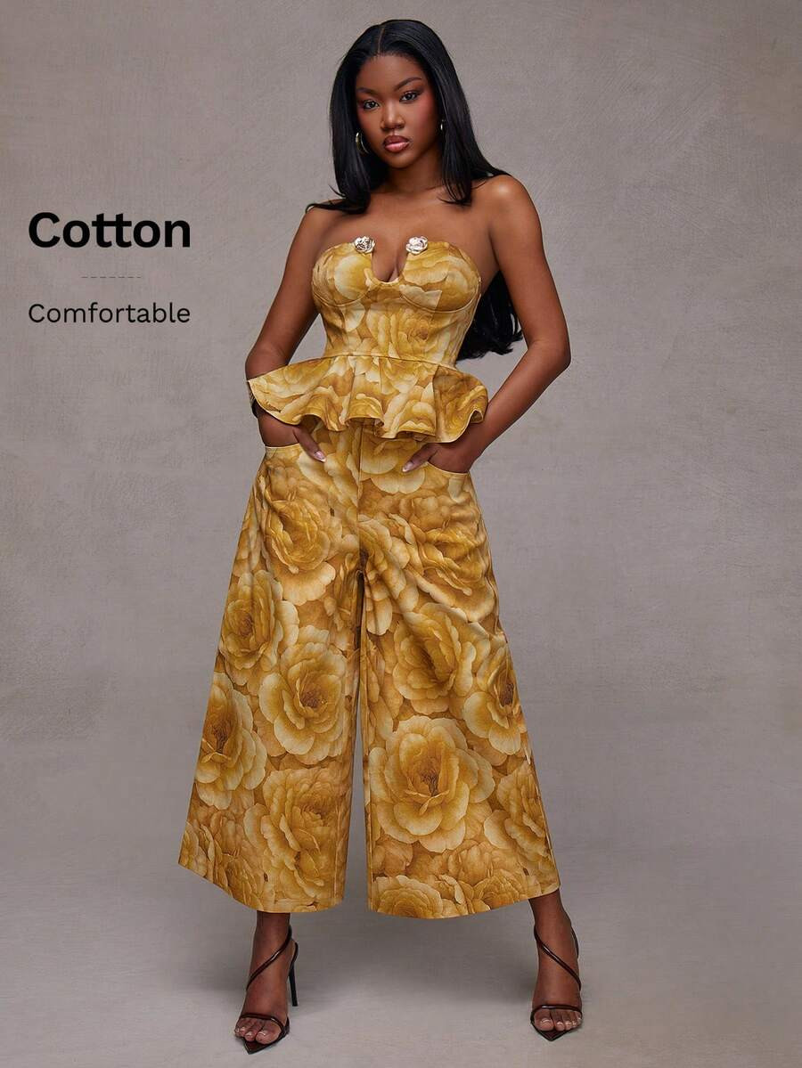 NYA SZN Denim Two Piece Outfit Full Outfit Floral Flower Print Matching Set Corset Peplum Jean Cr... | SHEIN