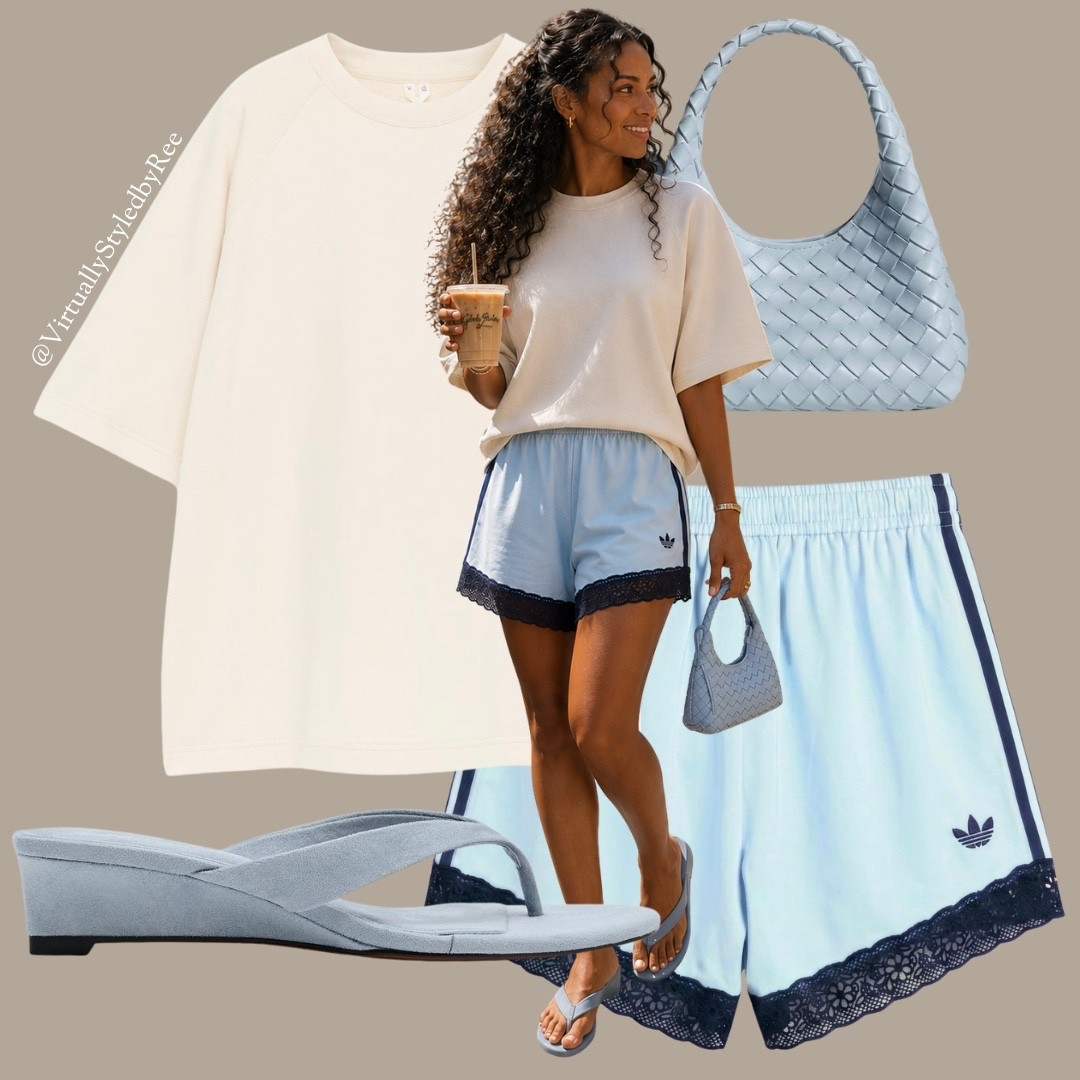 Your comfiest outfit still looks effortlessly put together. ☁️🩵

An oversized cream tee, baby blue lace trim shorts, soft blue wedges and a mini woven bag = the perfect elevated off duty summer look.

#LTKuk #LTKsummer #LTKeurope