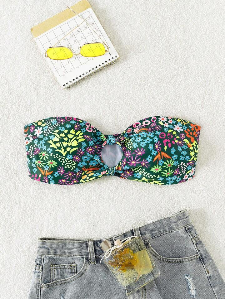 Floral Print Ring Linked Bandeau Bikini Top | SHEIN