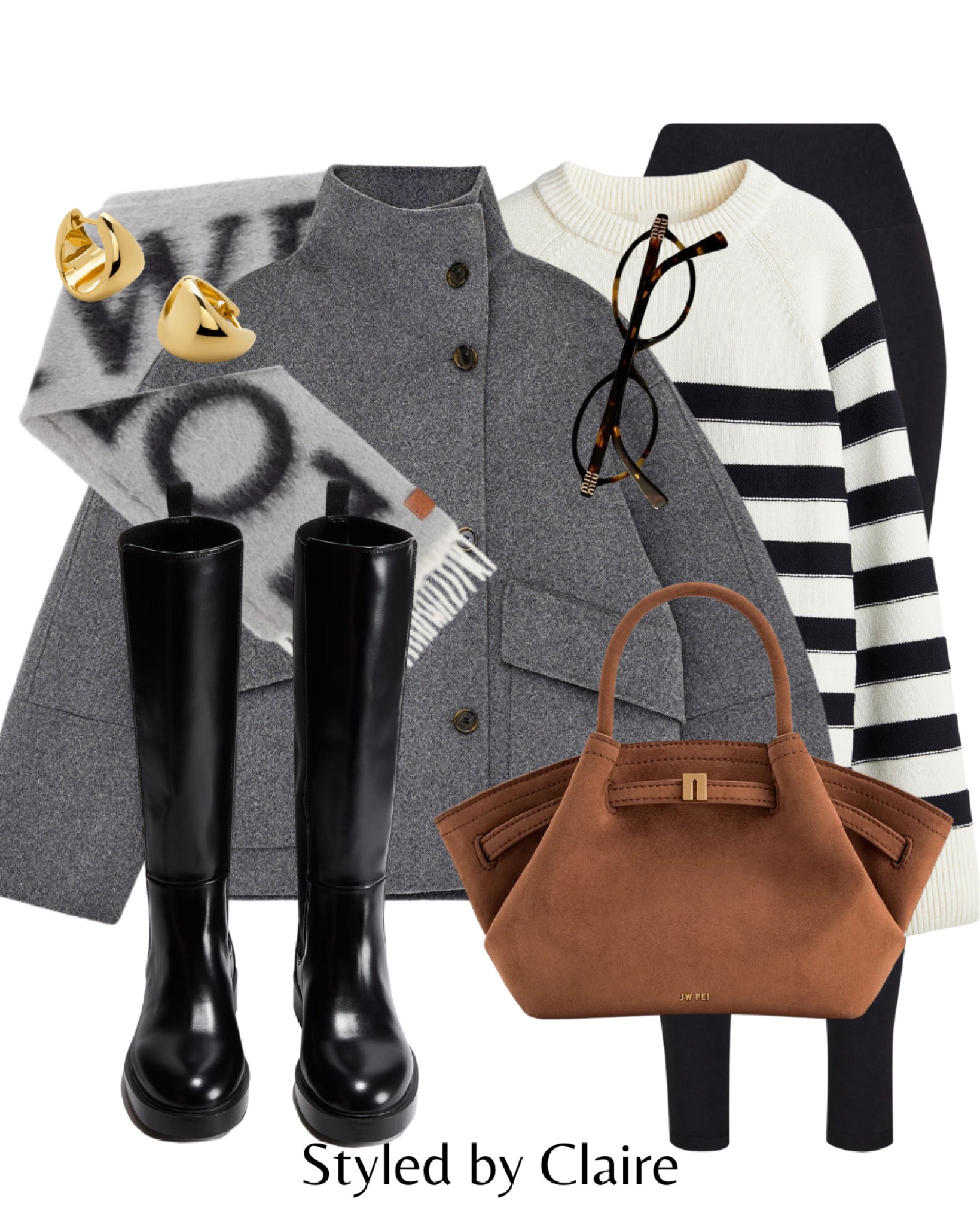 Cool girl at the office🙋🏽‍♀️
Tags: suede tote bag chestnut grey coat jacket high neck turtleneck grey Arket H&M stripe jumper oversized leggings thermal knee high boots black leather Loewe wool knit scarf glasses miu miu trending style chic women everyday outfit Parisian city break airport outfit 

#LTKstyletip #LTKshoes #LTKwinter