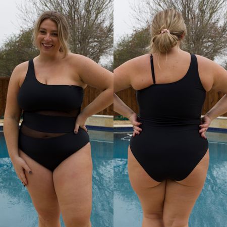 This  Amazon one piece is $32, available in sizes S-XL and 9+ color variations. I am wearing XL.
 #midsizeswim #oneshoulderswimsuit #blackswimsuit 

#LTKswim #LTKU #LTKunder50