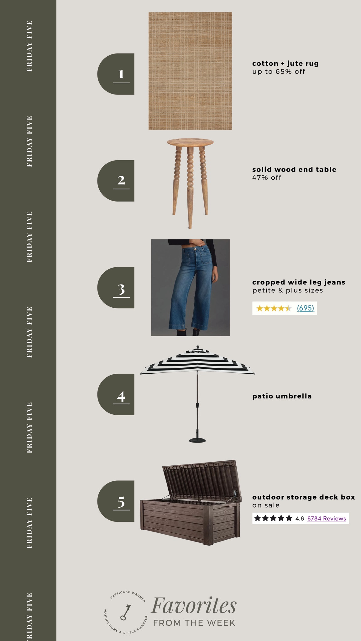 Friday Five: favorites from the week. *cotton jute rug, end table, wide leg jeans, striped patio umbrella (also linked some more affordable options), outdoor storage deck box  

#LTKHome #LTKSaleAlert #LTKStyleTip