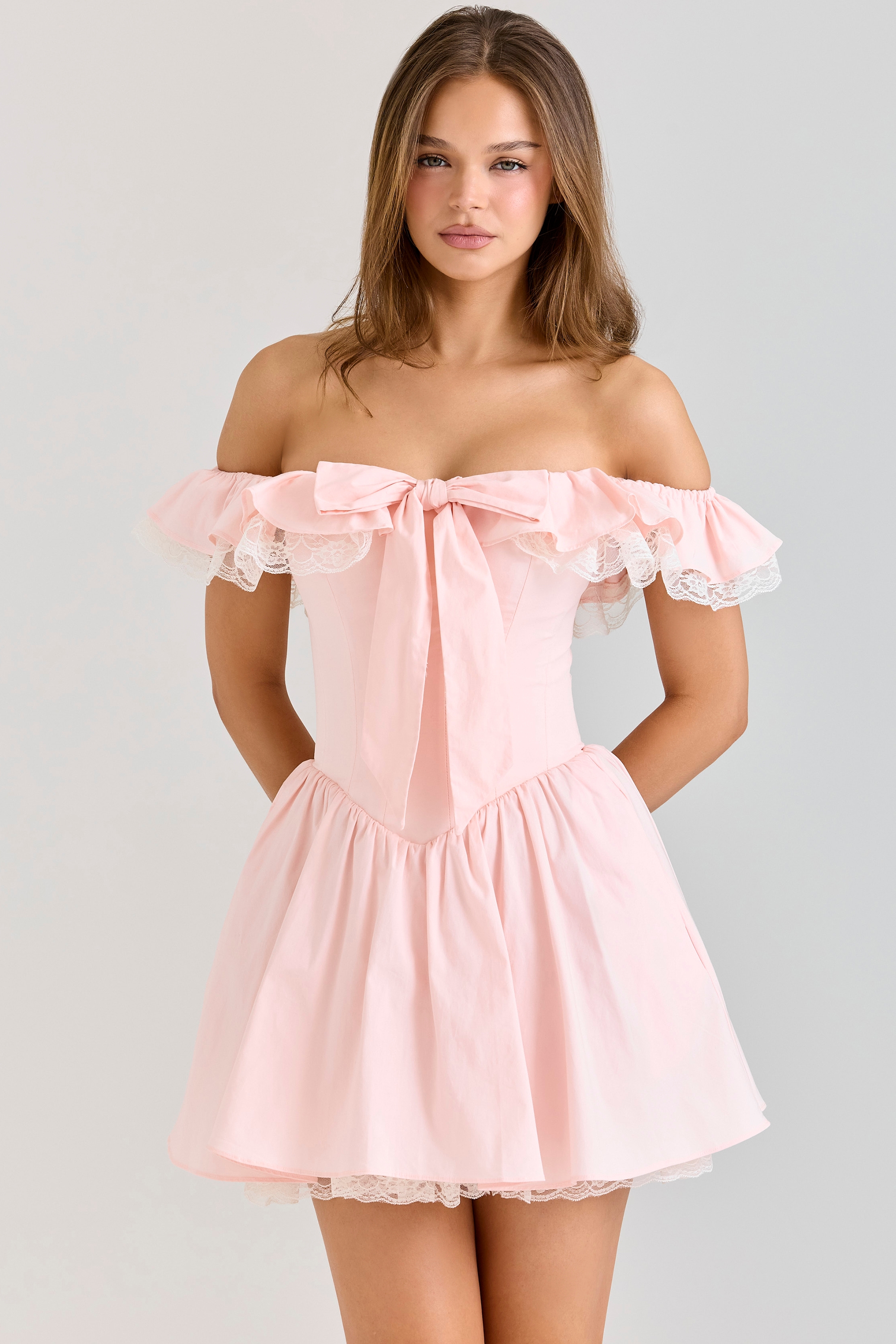 pink stretch cotton off shoulder corset mini dress | House of CB