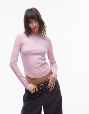 Topshop rib curve hem long sleeve everyday tee in pink | ASOS | ASOS (Global)