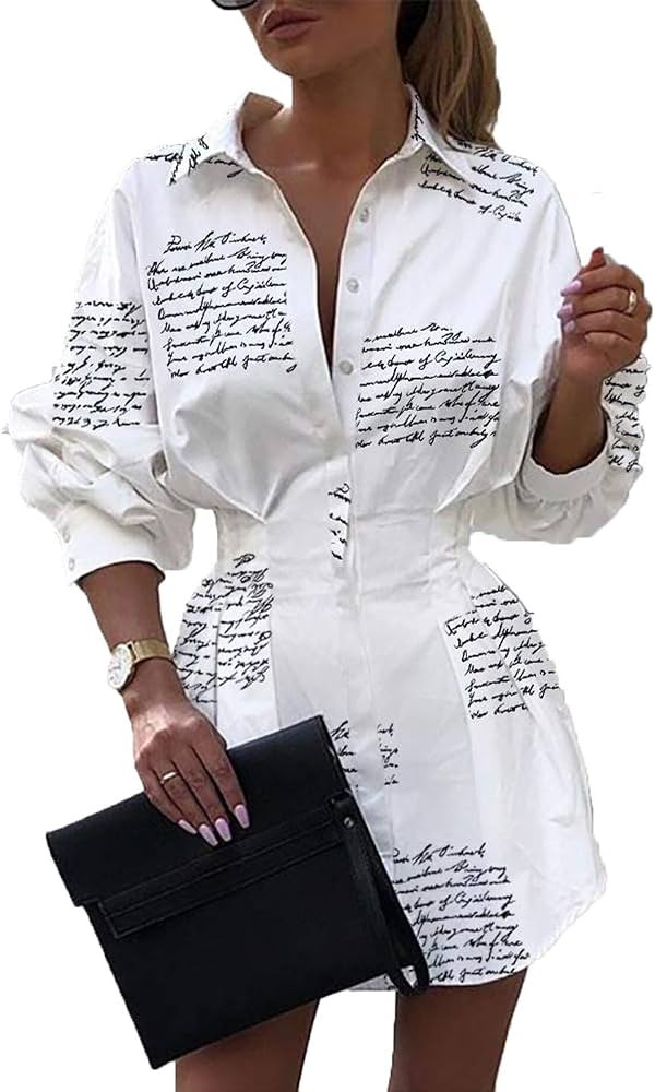 Sexy Mini Shirt Dress for Women - Casual Button Down Blouse Long Sleeve V Neck Belted Shirts Blouse  | Amazon (US)
