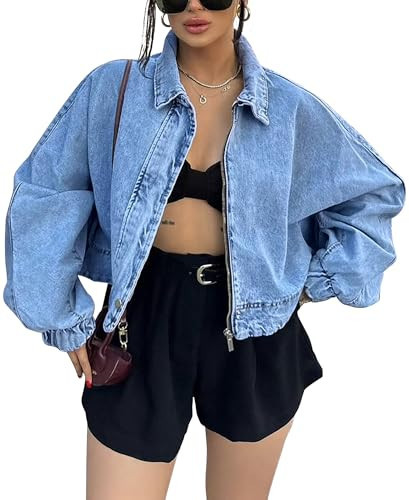 Qazel Vorrlon Womens Oversized Cropped Denim Jacket Zip Up Light Wash Blue Bomber Shacket Jean Jacket for Women Trendy 2025 | Amazon (US)
