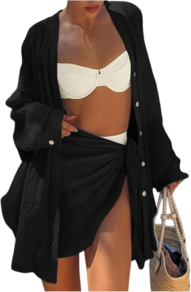 Verdusa Women's Swimsuit Coverup 2 Piece Summer Outfits Oversized Button Shirts and Wrap Skirts S... | Amazon (US)
