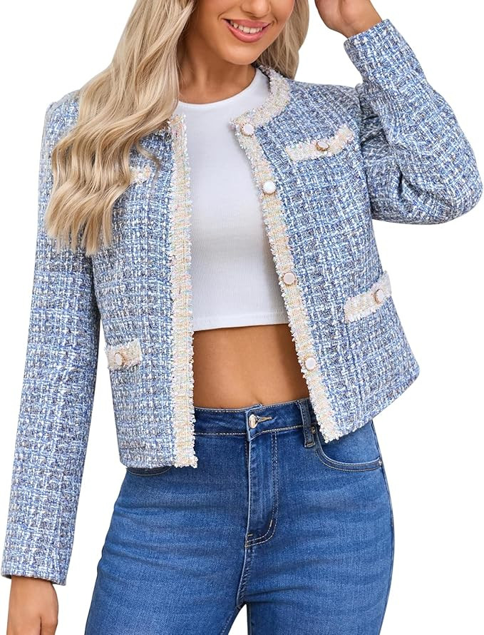 Xaspee Women's Tweed Blazers Cropped Long Sleeve Crewneck Open Front Lace Trim Lightweight Plaid ... | Amazon (US)