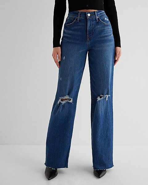 High Waisted Dark Wash Ripped Raw Hem Wide Leg Jeans | Express