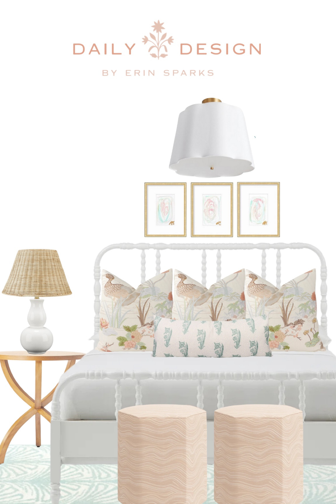 Interior design inspo
Bedroom decor
White spindle bed
Target finds
Abstract art
Scalloped flush mount 
Upholstered ottoman 
Designer pillow cover
White gourd lamp 
Grandmillennial home 

#LTKsalealert #LTKhome