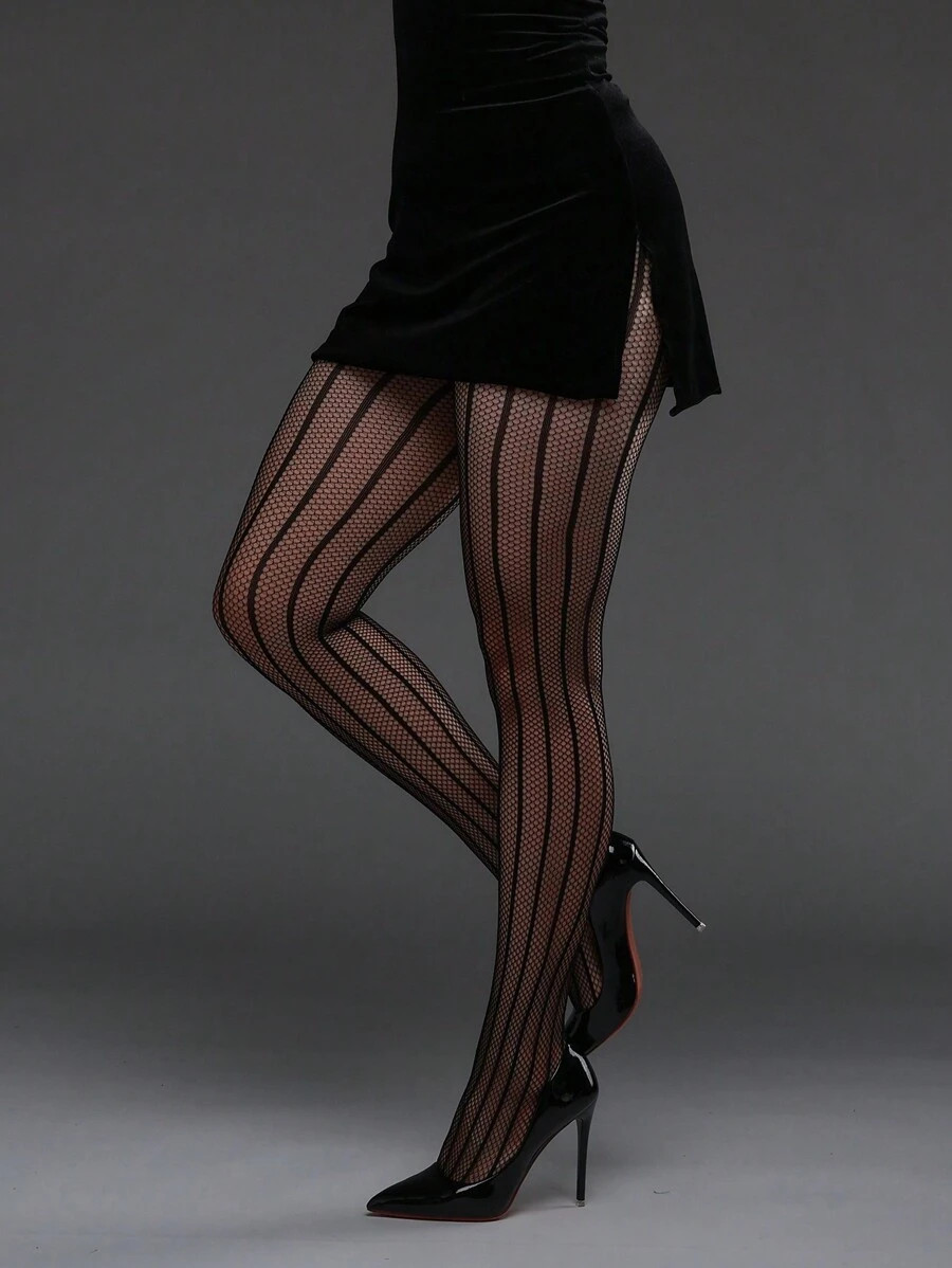 1pc Vertical Striped High Elasticity Fishnet Leggings, Sexy Tight Stockings Gothic Punk Fashion | SHEIN