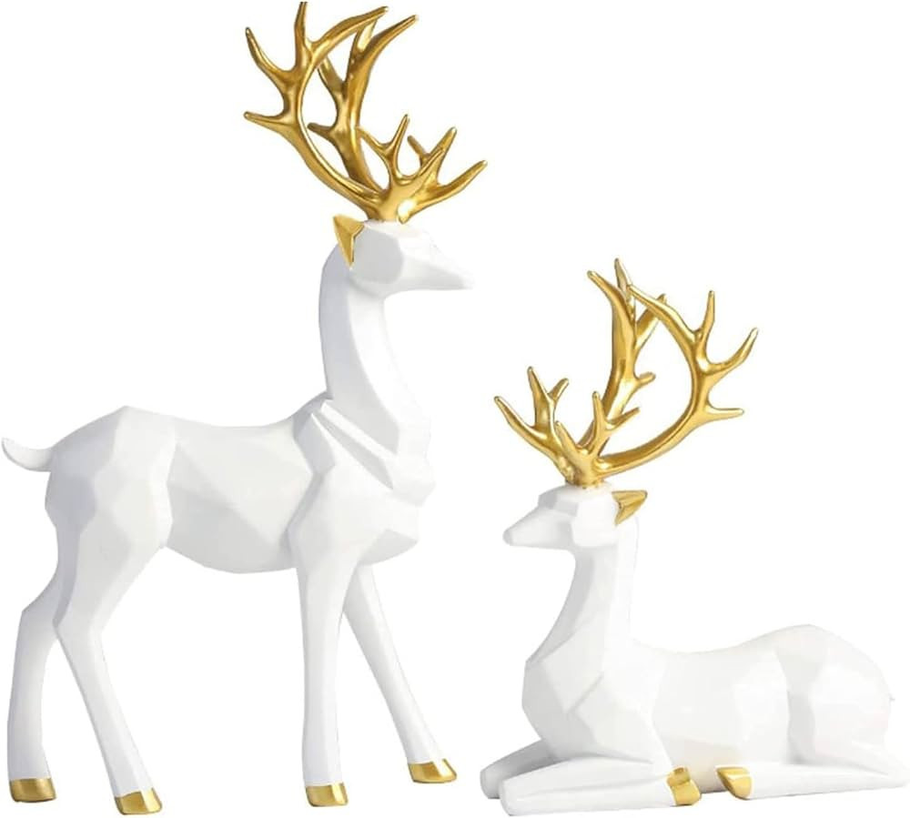 Christmas Reindeer Figurines, 2pcs Nordic Style Origami Elk Resin Sitting Standing Deer Statues f... | Amazon (US)