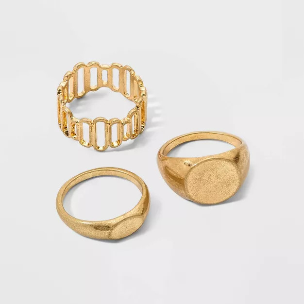 Cut Out and Signet Ring Set 3pc - Universal Thread™ Worn Gold | Target