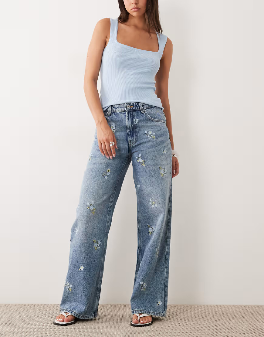 Mango Beverly cotton mix straight jeans with floral embroidery in blue | ASOS (Global)