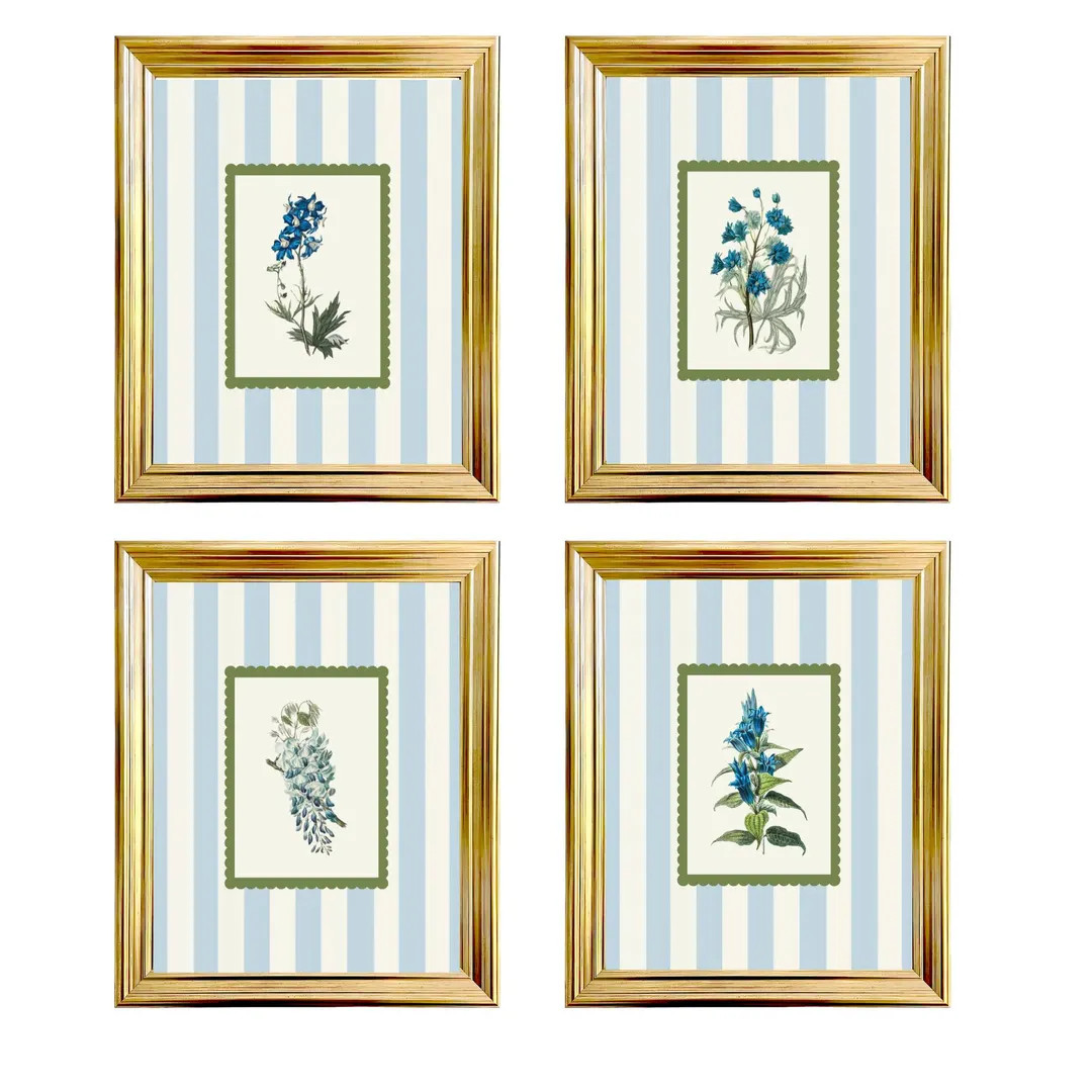 Set of 4 Vintage Striped Floral Print, Nancy Meyers Inspire, Grand Millennial Art, Coastal Cottag... | Etsy (US)