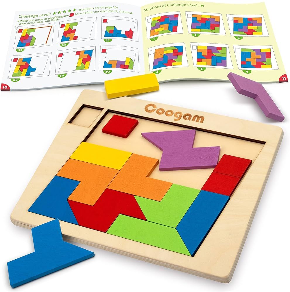 Coogam Wooden Puzzle Blocks Geometric Tangram Brain Teasers Jigsaw 3D Logic IQ Game Colorful Shap... | Amazon (US)