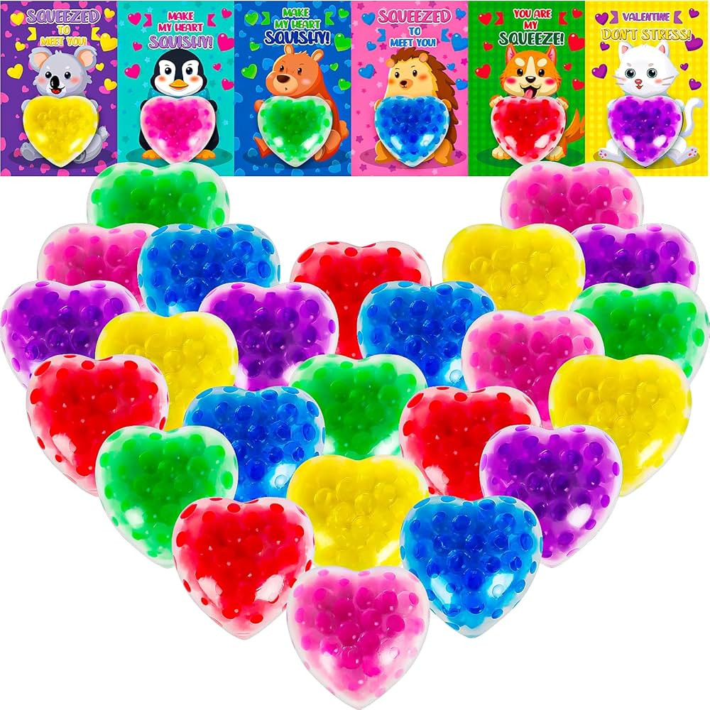 24 Pack Valentines Day Cards for Kids School, Valentines Heart Stress Balls with Greeting Cards f... | Amazon (US)