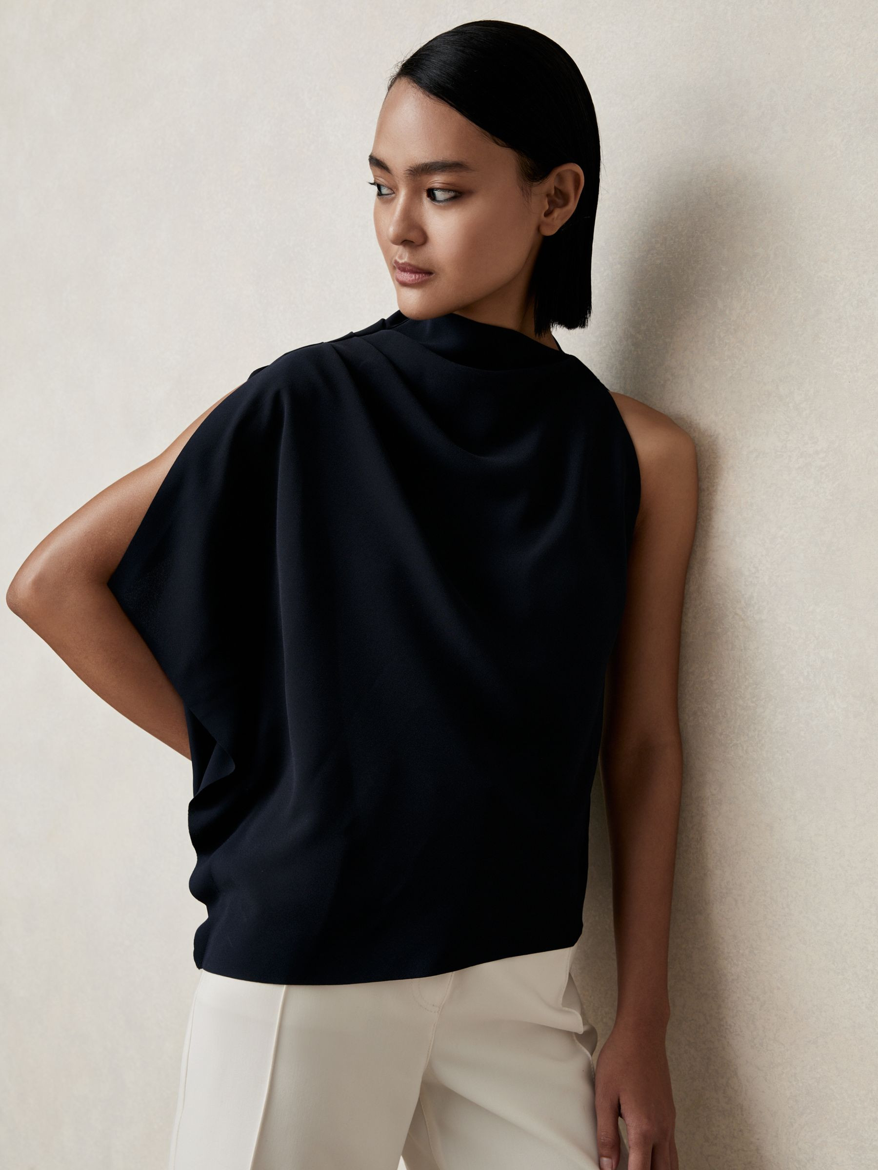 One-Shoulder Draped Top in Navy | Reiss DE
