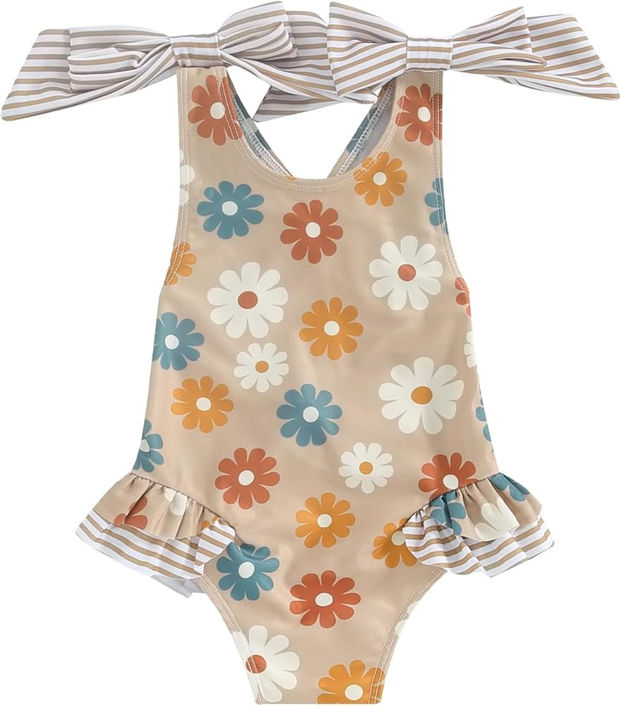 Toddler Baby Girl Floral Print Bowknot Shoulder Straps Swimsuit Sleeveless Ruffles Summer Beach B... | Amazon (US)