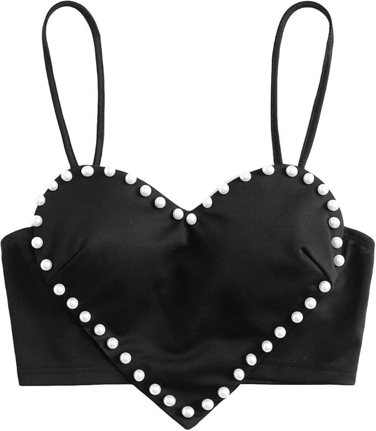 WDIRARA Women's Pearls Sleeveless Asymmetrical Hem Heart Crop Cami Top Sexy Camisole | Amazon (US)