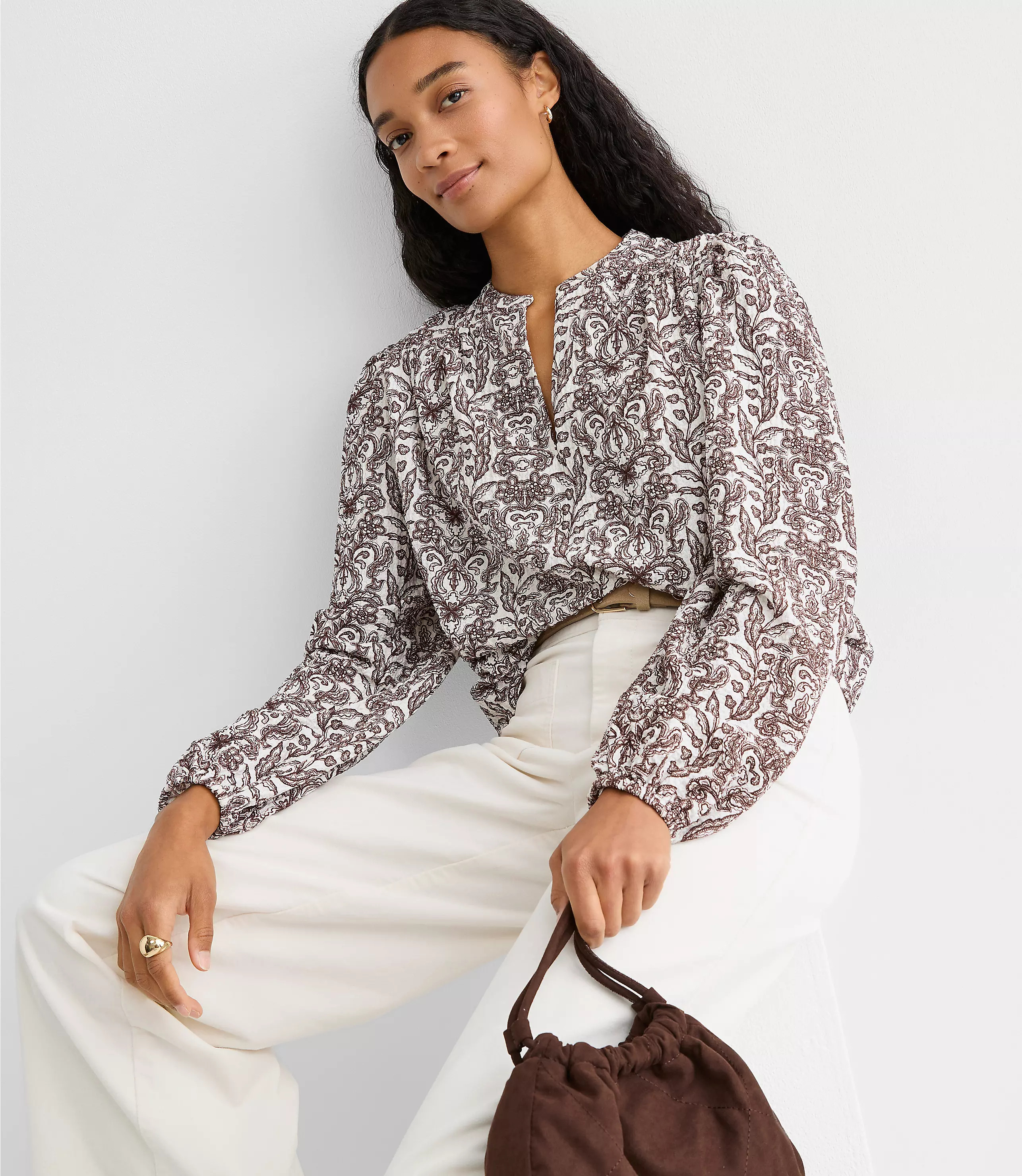 Lace Garden Crinkle Knit Split Neck Blouse | LOFT