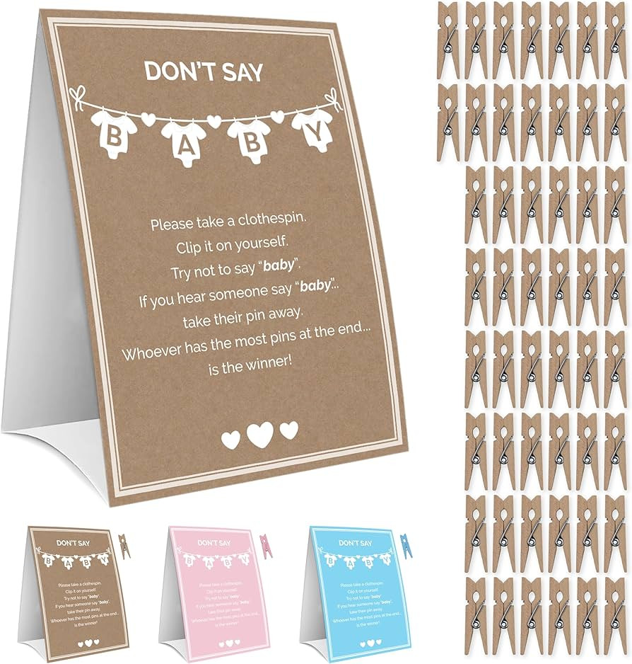 Party Hearty Baby Shower Games for Girl & Boy, Don't Say Baby Game,1 Sign and 50 Mini Natural Clo... | Amazon (US)