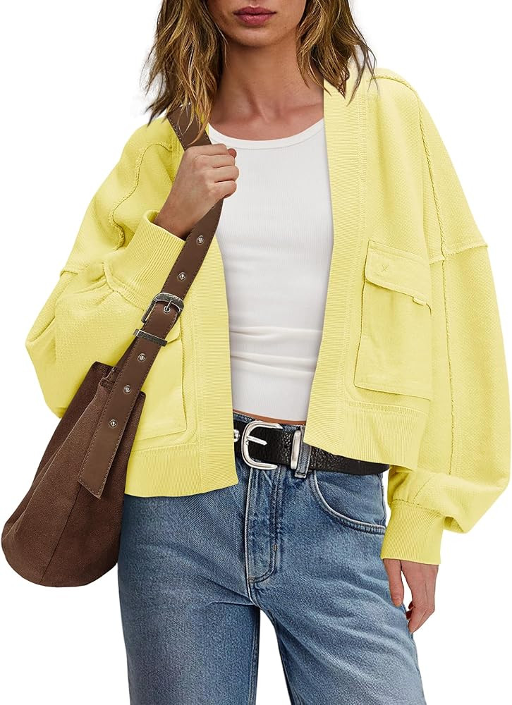 Panadila Womens Cropped Jackets Oversized Cardigans Long Sleeve Open Front Sweatshirt Cardigan Fa... | Amazon (US)