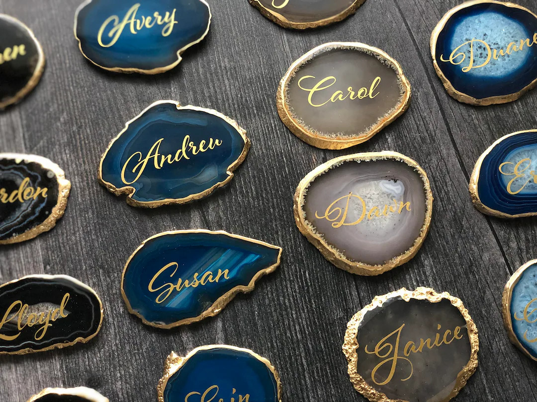 2.5" - 3.5" Agate Place Cards with First & Last Name | Brazilian Agate Escort Cards | Geometric P... | Etsy (US)