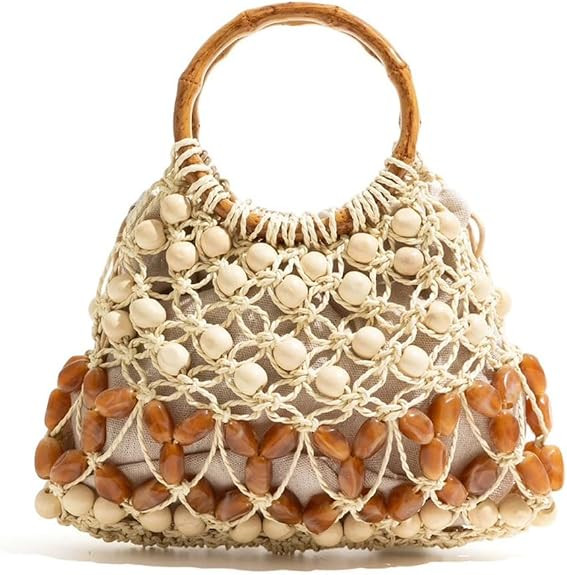 Straw Beaded Clutch Handbag Small Handmade Beaded Purses with Bamboo Handle Beach Summer Vacation... | Amazon (US)
