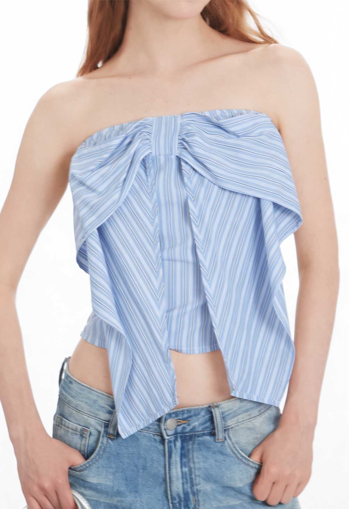Striped Bowknot Shirred Strapless Crop Top in Sky Blue for Beachside Strolls & Weekend Outings | Chicwish
