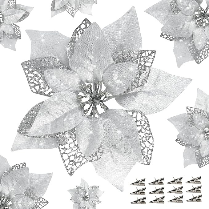 12 PCS Poinsettia Flower Artificial Poinsettia Christmas Decoration 8.7'' Silver Glitter Poinsett... | Amazon (US)