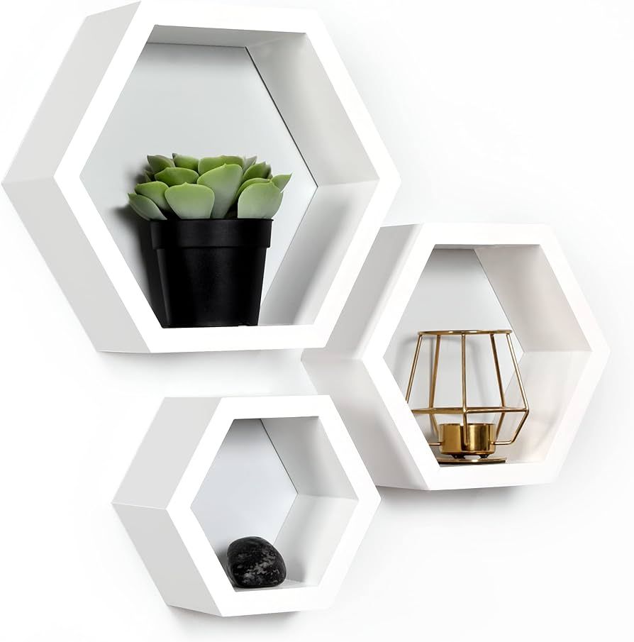 Set of 3 Pine Wood Hexagon Shelves for Wall Decor - Farmhouse Honeycomb Shelves for Living Room D... | Amazon (US)